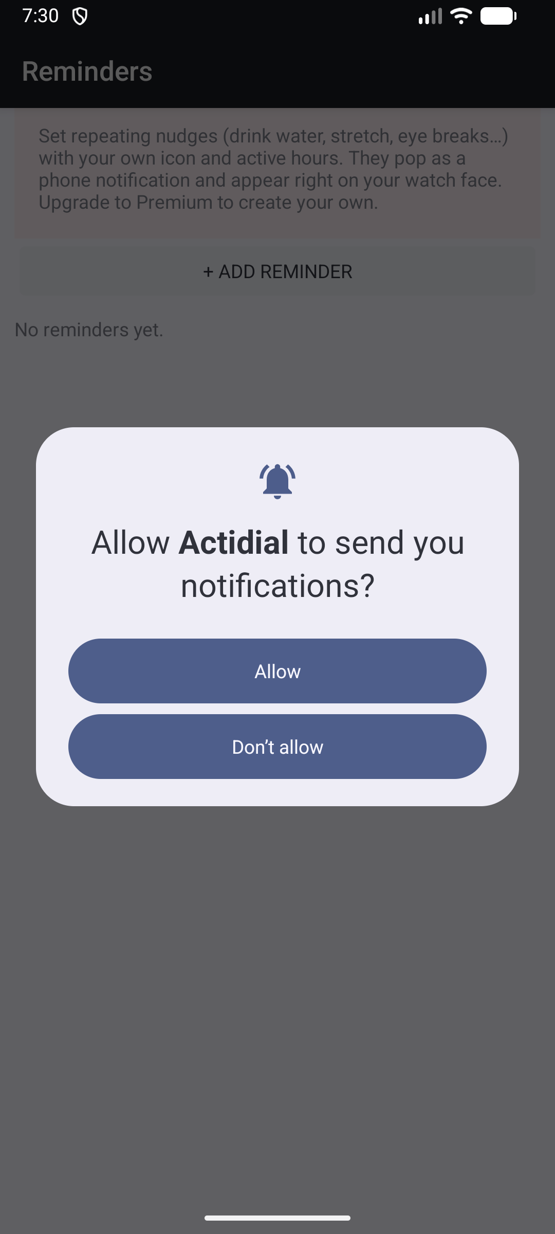 Phone Reminders screen: 'Set repeating nudges (drink water, stretch, eye breaks…) with your own icon and active hours. They pop as a phone notification and appear right on your watch face.' with an Add reminder button.