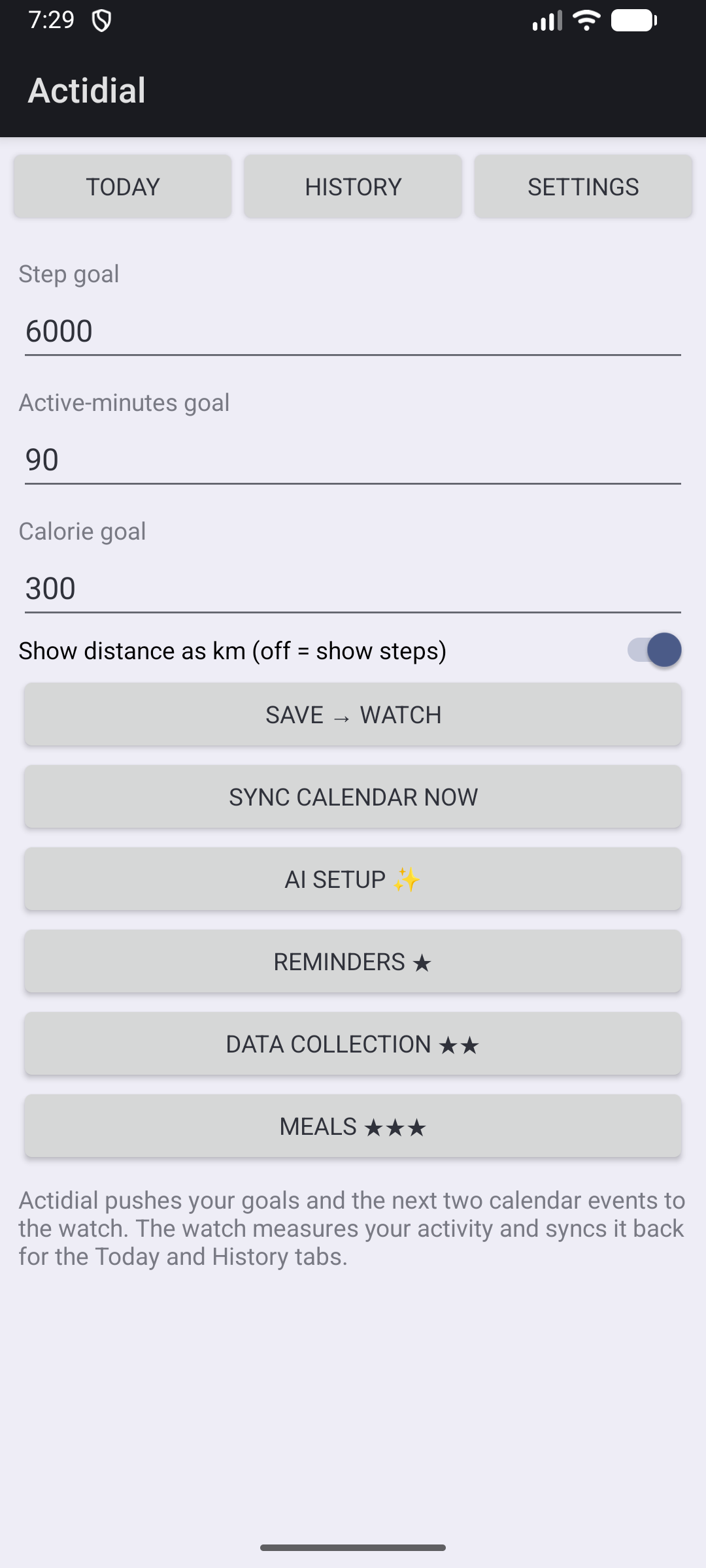 Phone companion Settings screen: step, active-minute and calorie goals, a show-distance-as-km toggle, and buttons to save to watch, sync calendar, and open AI setup, reminders, data collection and meals.