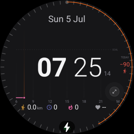 The Actidial watch face: date, large time, a bezel progress arc, cumulative activity curves along the bottom and a today activity-deficit badge.